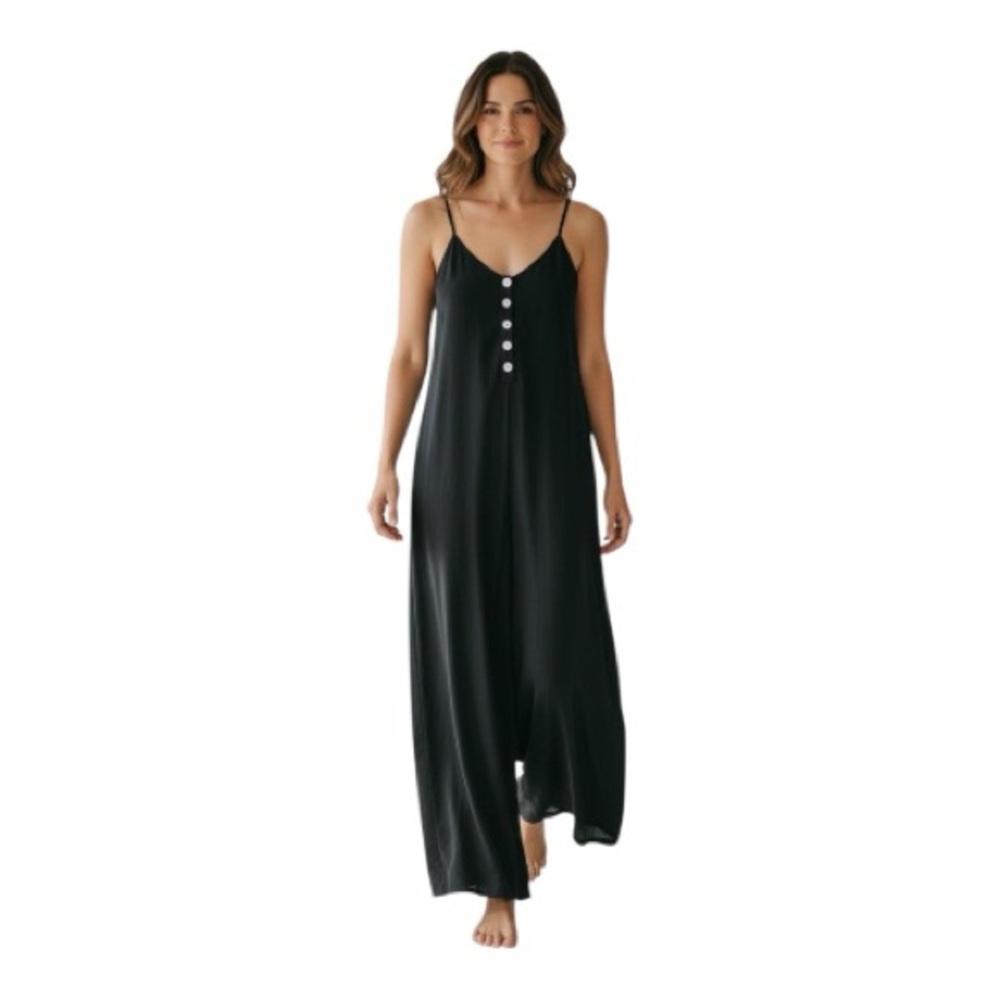 & Other Stories V Neck Black Wide-Leg Jumpsuit with Front Shell Buttons Size 6